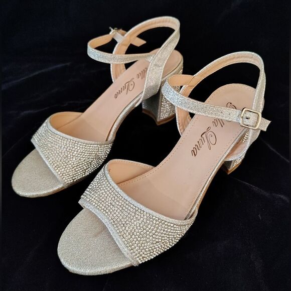 Rhinestone sparkle Silver Chunky Heel Shoes Sandals Sz 6 - Picture 6 of 16